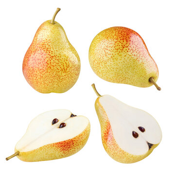 Collection of four pear fruits showing whole and cut halves, isolated on transparent cutout background