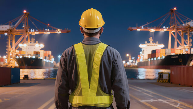 A rear view of a port worker in protective gear observing illuminated container ships and gantry cranes during evening logistics, export, and international shipping operations