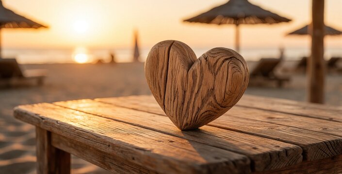 Wooden heart shape sits on rustic table at beach. Golden sunset light glows over ocean sand, sea. Tropical vacation background with blurred umbrellas, lounge chairs. Romantic summer atmosphere at