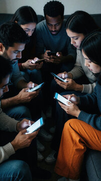 Group of diverse young millennials sit together in dark room. Friends use smartphone apps, social media on mobile devices. People ignore browsing web playing games. Digital addiction, technology