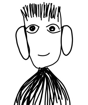 Black line art sketch of a smiling man with big ears portrait