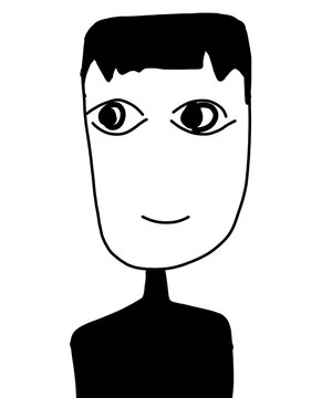 Black and white line art portrait of a smiling man with fringe hair