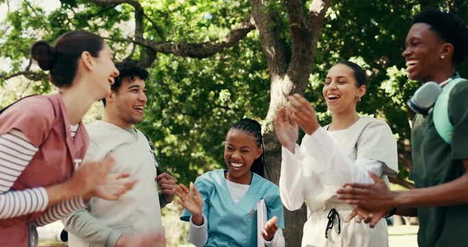 Medical, students and high five for support at college, university and studying for nursing program. Friends, campus and people in circle for success, achievement and exam for education outdoor