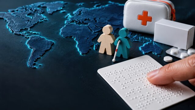 global health accessibility. Finger reading braille with medical kit, figures, and world map in background