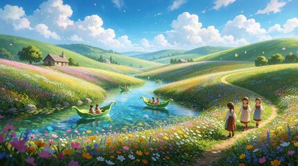 Obraz premium Magical countryside landscape with green hills, colorful flower fields. People row small leaf boats on blue river under sunny sky. Three girls walk along dirt path near bright water. Whimsical