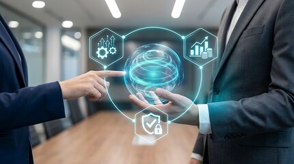 Obraz premium Business team working together analyzing complex data with a modern digital interface and visualization technology