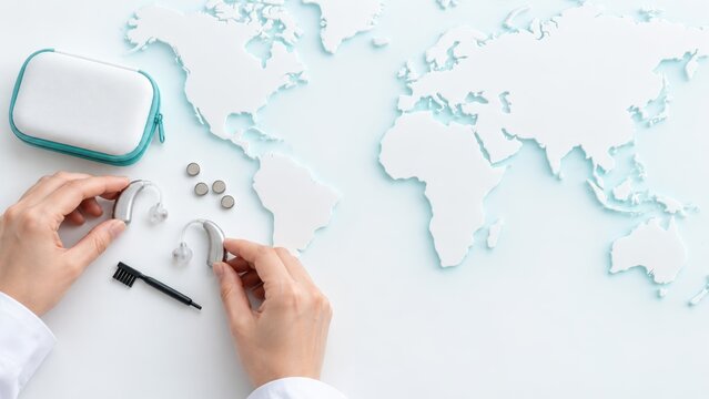 global health accessibility. Hands holding hearing aids next to a world map and cleaning brush on a table.