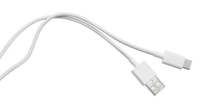 Modern white USB charging and data cable with Type-C connector, isolated on transparent cutout background