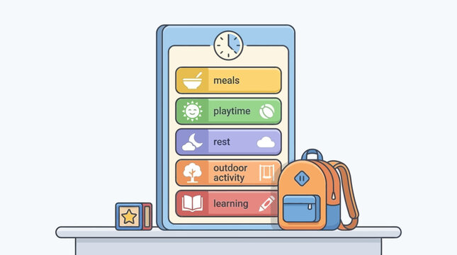 Children daily routine schedule with educational activities meal playtime and school backpack illustration
