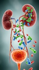 Fototapeta premium Microscopic view of bacteria invading human kidneys, bladder. Colorful germs spread through urinary tract causing infection, disease. Medical 3d illustration shows urology health problem, anatomy of