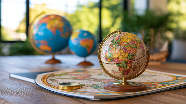 Educational Columbus Day composition with a student-style desk displaying an antique map, compass, globe and wooden ship model, objects concentrated toward one side, broad blank workspace for copy s