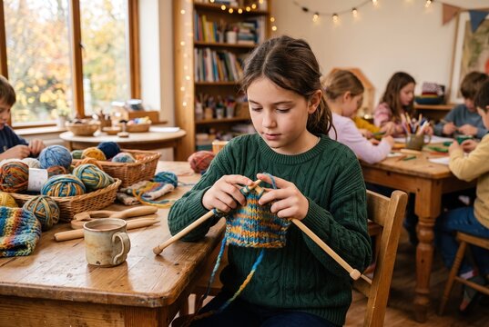 Children are sitting at a wooden table in a bright room. They knit with various colorful yarns while enjoying their time together. Some kids work on knitting projects and others chat