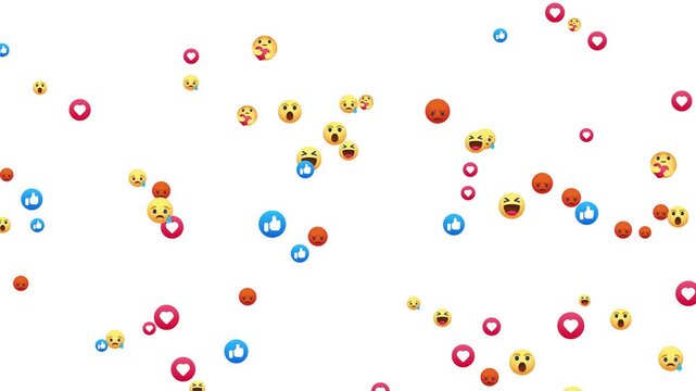 Floating Social media live streaming animation icon down to up explosion 4k motion graphic videos. Social media emojis of hearts, likes, heart eyes Alpha channel, transparent background. 4K resolution