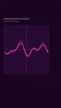 Vertical 9:16 animated oscilloscope trace glowing with afterimage in violet and purple on a dark background. Seamless looping 4K motion graphics in portrait format for reels, shorts, stories and music