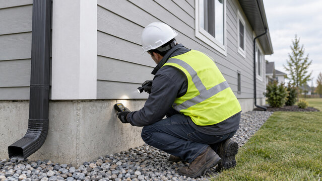 住宅の基礎と外壁を点検する住宅診断の専門家