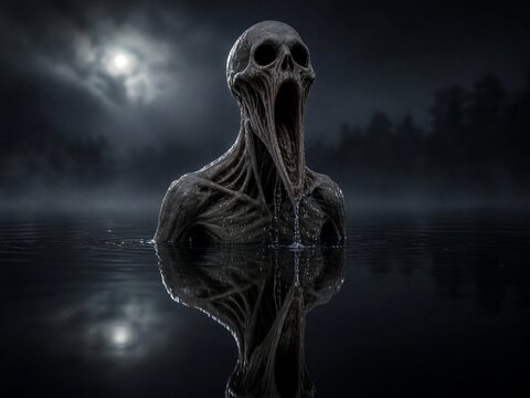 Screaming Lake Monster Character Dark Horror Fantasy Illustration