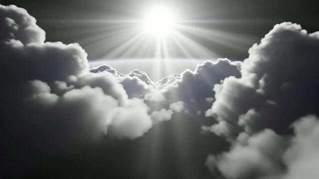 Cinematic aerial flight through fluffy white clouds toward a bright glowing sun with dramatic sun rays and space horizon background