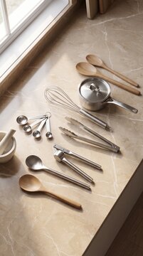 Stainless steel cooking utensils, wooden spoons, measuring spoons and cookware arranged on a bright marble kitchen countertop with soft natural light.