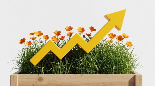 Green plants, orange flowers grow in wooden planter. Large yellow arrow points upward showing fast growth. Concept of business success, financial progress, eco investment in nature. Minimalist 3D