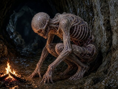 Creepy Cave Monster Near Campfire Character Dark Fantasy Illustration