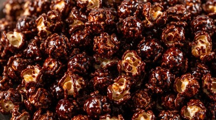 Obraz premium Delicious chocolate popcorn pile with dark cocoa coating. Sweet tasty snack for party, movie night dessert lovers. Crunchy corn kernels covered in rich liquid chocolate, perfect treat for group