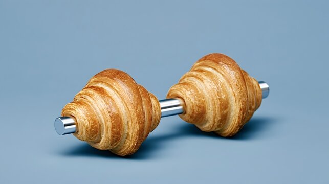 Croissant weights on a metallic bar creating a dumbbell against a light blue background, symbolizing the challenge between healthy lifestyle choices and indulgent food cravings