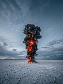 A massive pillar of dark smoke and fire rising from a barren salt flat landscape.