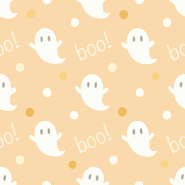 Cute Pastel Halloween Seamless Pattern with Friendly Ghosts and Polka Dots   