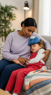 Woman comforts sick child with ice pack on forehead, representing care, illness, and domestic life, symbolizing warmth and healing.