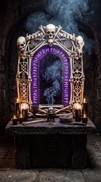 Spooky stone altar decorated with bones and glowing purple runic archway with black candles