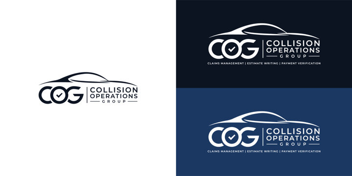 A professional logo featuring a sleek vehicle silhouette above the bold lettering 'COG', accompanied by a verification checkmark as well as information about the core auto claims services offered.