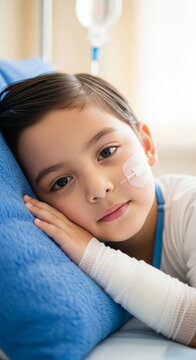 Close-up of a young child's face resting on a blue pillow, with medical tape and bandages, symbolizing vulnerability and hope, representing childhood illness.