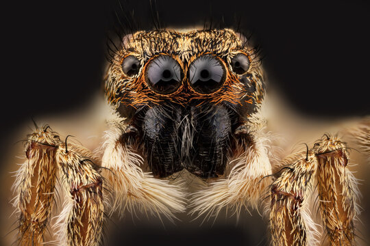 Extreme macro close up of jumping spider head and large eyes