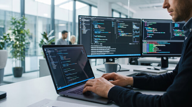Professional caucasian male programmer writing code on laptop and multiple computer monitors in a modern bright corporate office workspace