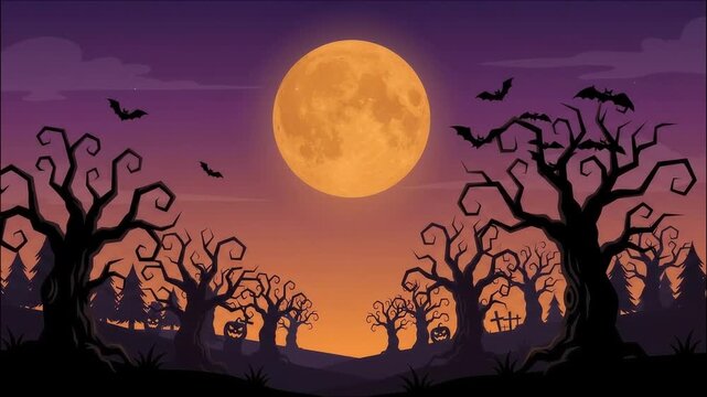 Spooky Halloween background with large full moon and silhouettes of gnarled trees and bats