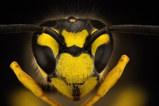 Extreme macro portrait of wasp head showing compound eyes and antennae