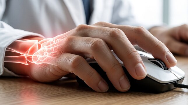 Close up of hand using computer mouse with red glowing wrist area. Person feels pain, inflammation from repetitive motion at office desk. Digital medical illustration shows joint injury, tendinitis
