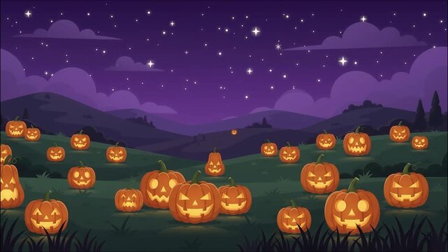 Animated Halloween night landscape with glowing carved pumpkins in a dark field
