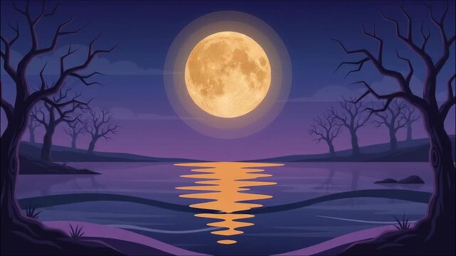 Spooky Halloween illustration of a giant glowing full moon reflecting on a calm lake