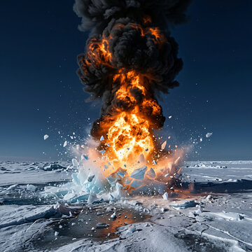 A massive fiery explosion erupting on a frozen arctic landscape with ice shards flying.