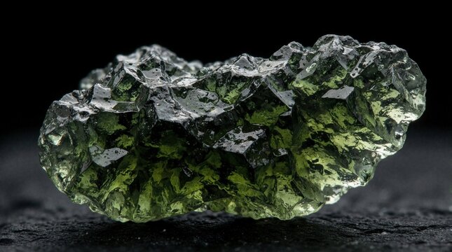 Raw moldavite stone block on black background. Green glass tektite crystal with rough texture, natural uneven shape. Macro closeup of rare meteorite glass gem for geology spiritual healing decor.