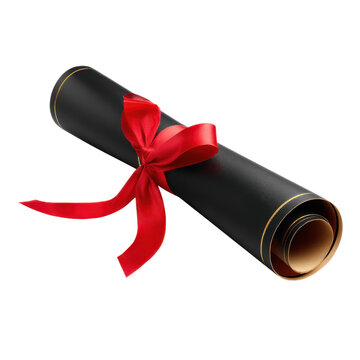 Black diploma scroll with red ribbon and gold trim, rolled graduation certificate, elegant academic achievement keepsake isolated PNG with Transparent Background