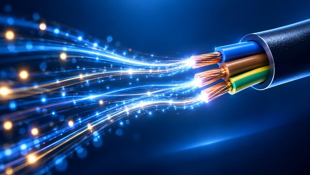 Glowing fiber optic cables transmitting fast digital data streams with bright blue and orange light against a dark background