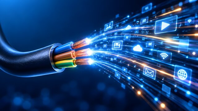 Close-up of a high-speed digital cable emitting glowing social media and internet icons representing global communication network