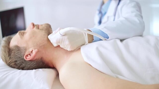 Doctor woman wearing white medical gloves performing neck ultrasound exam on male patient. Medicine and health care