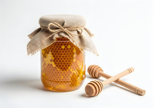 Honey jar with wooden honey dipper and ribbon