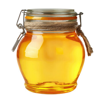 Golden honey in a sealed glass jar, amber honey with rustic twine and clamp lid, artisanal food packaging photo isolated PNG with Transparent Background