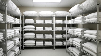 Fototapeta na wymiar Clean hospital linen room with neatly folded white sheets, pillows on metal shelves. Organized medical storage stock of fresh cotton bedding, textile supplies. Sterile healthcare facility interior