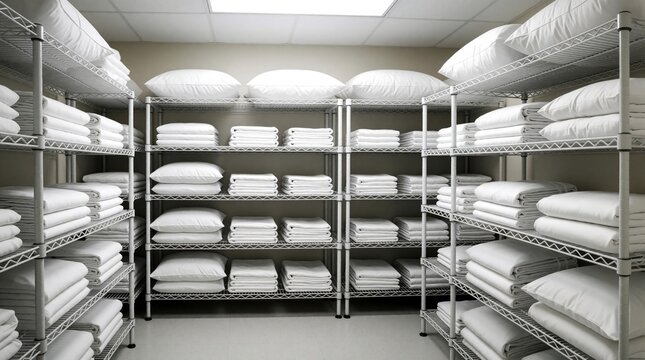Clean hospital linen room with neatly folded white sheets, pillows on metal shelves. Organized medical storage stock of fresh cotton bedding, textile supplies. Sterile healthcare facility interior