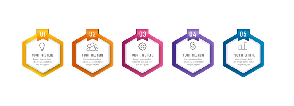 Modern 5 steps horizontal hexagon node infographic template for business presentation vector design
